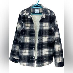 Old Navy Sherpa-Lined Plaid Shirt Jacket Black Cream Check Medium Button Down